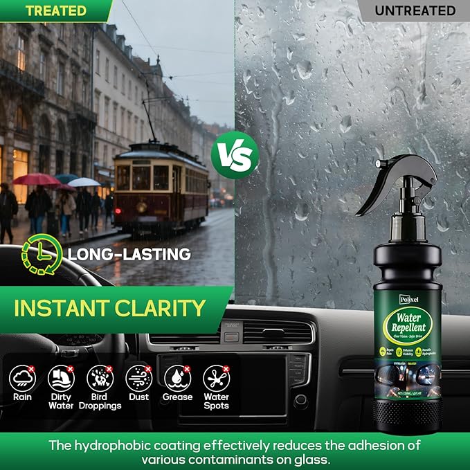 POLIXEL Water Repellent Spray for Car Windshield & Glass - Long Lasting Rain Repellent & Hydrophobic Coating for Windshield, Glass, Windows, Mirrors Prevents Streaks, Spots & Buildup - 4OZ/120ML