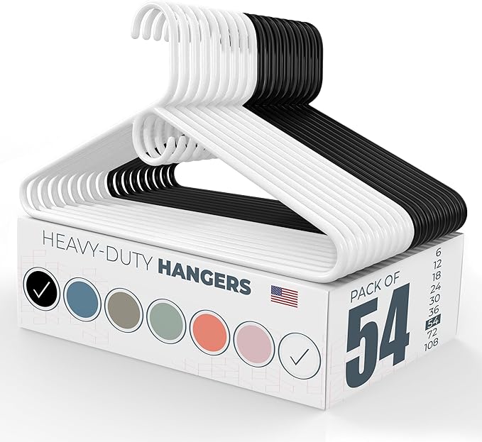 Neaties Heavy Duty Clothes Hangers 50 Pack (54 Count) – Made in The USA – 8lb Capacity Plastic Hangers for Adult Clothing – Durable for Pants, Coats, Jackets, or Jeans – White & Black