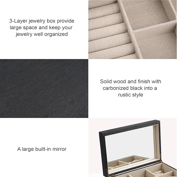 Meangood Jewelry Box Organizer for Women, 3 Layer Large Jewelry Storage Case, Rustic Wooden Jewelry Box with Mirror & Ring Tray for Necklace Earring Bracelets Rings, Vintage Style (Black)