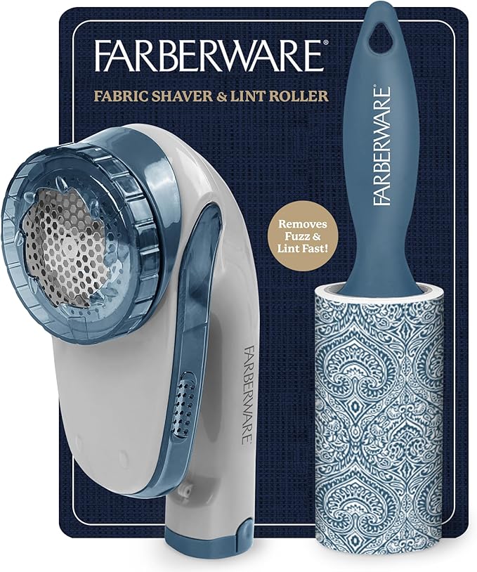 Farberware Large Lint Remover & Fabric Shaver Set – Battery Powered Sweater Shaver with Triple Blades and Extra Sticky Roller for Pet Hair, Fuzz & Pilling on Clothes & Furniture