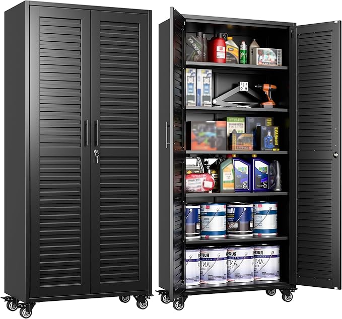 Aobabo Garage Storage Cabinet with Wheels,Metal Storage Cabinets with 5 Adjustable Shelves for Garage,Home,Assembly Required,Black, 71H''*32''W*16''D