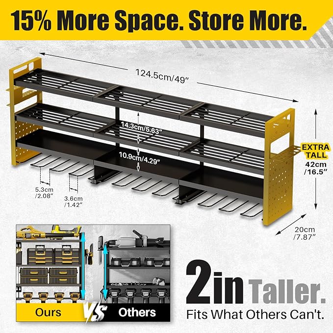STURDIFLOW Large 49''W Power Tool Organizer Wall Mount | 620lbs Garage Storage Rack with 12 Cordless Drill Holder | 4-Tier Heavy Duty Utility Shelf for Battery Workshop Organization