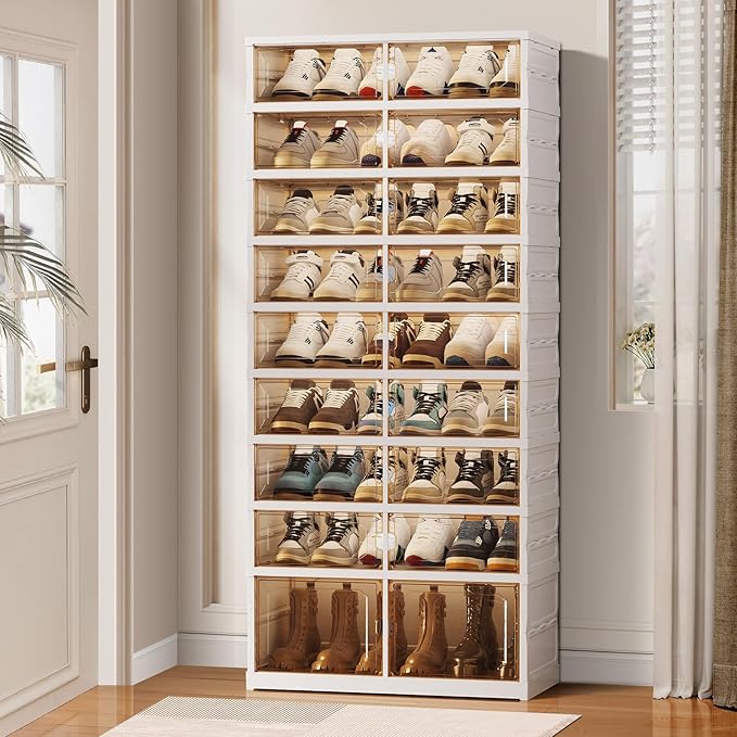 9-Tier Foldable Shoe Rack Organizer for Closet, 27 Pairs Collapsible Plastic Shoe Shelf, Large Shoes Cabinet with Door, Clear Stackable Storage Box Easy Assembly White