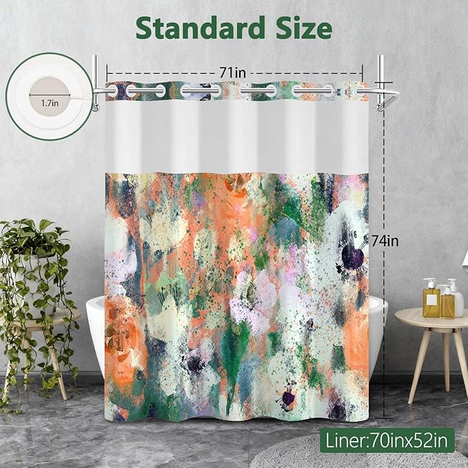 Abstract Colorful Shower Curtain with Liner, Watercolor Modern Aesthetic Bathroom Curtains, Hotel Style Double Layers No Hook Shower Curtain, Washable Waterproof Fabric, Green Yellow 71x74 inch