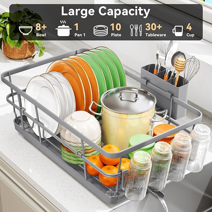 TOOLF Large Dish Drying Rack for Kitchen Counter,Kitchen Dish Racks with Drainboard,Sink Dish Strainer Rack,Countertop Dish Drainer Rack with Cup & Utensil Holders,Gray