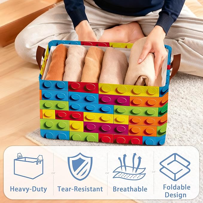 Colorful Building Blocks Collapsible Storage Box,Organizer Bin with Handles for Room Decoration,Bins Book Basket Box 17x11.5x10Inch