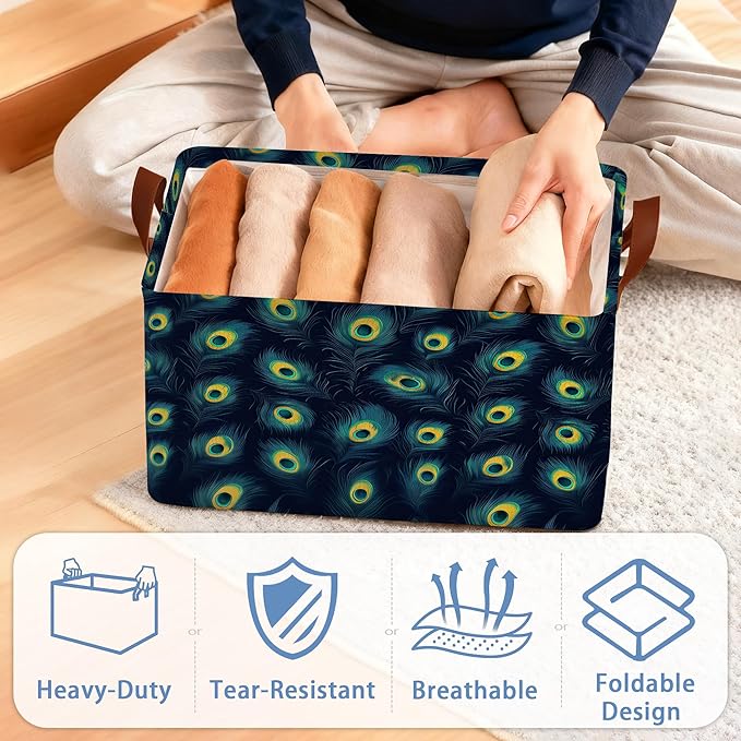 Retro Peacock Storage Basket with Handles,Collapsible Rectangle Organizer Bin for Room Decoration Books Box Baskets 17x11.5x10Inch