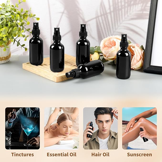BILLIONSTARS 24 Pack 2oz Glass Boston Round Bottle with Fine Mist Sprayer - UV Black - Essential Oils, Bath, Beauty, Hair & Cleaning - Leakproof Travel Bottles