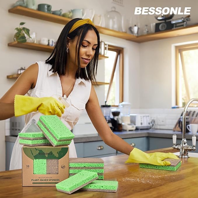 BESSONLE 10 Pack Biodegradable Natural Sponges Kitchen - Compostable Cellulose and Coconut Walnut Scrubber Sponge - Eco Friendly Sponges for Dishes