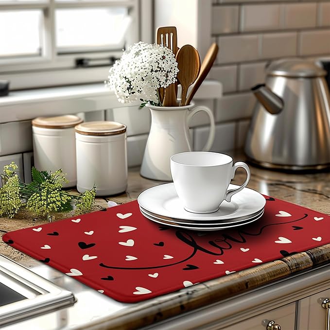 Wnoesat Valentine Dish Drying Mat for Kitchen Counter Valentines Day Red Black Love Heart Holiday Drying Mats Absorbent Microfiber Dish Draining Mat Extra Large Dish Rack Pad 18x24 Inch