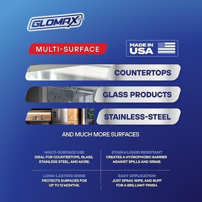GLOMAX Home Ceramic Coating Spray Kit (16 oz) - Shine, Seal & Protect Stainless Steal, Glass, Kitchen & Bath Surfaces - Extremely Hydrophobic - Repels Stains & Grime - Includes 2 Micro Fiber Towels