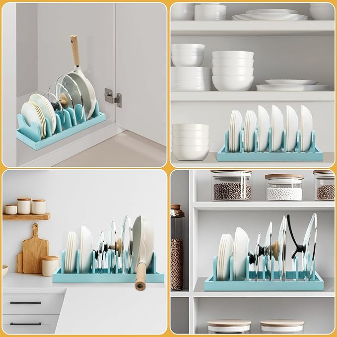 MinBoo Bamboo Pot Lid Organizer Pot Lid Holder, Pot and Pan Organizer Drawer Organizer for Pot Lids, Pans, Dinner Plates, Reusable Containers in Cabinet Storage,Blue