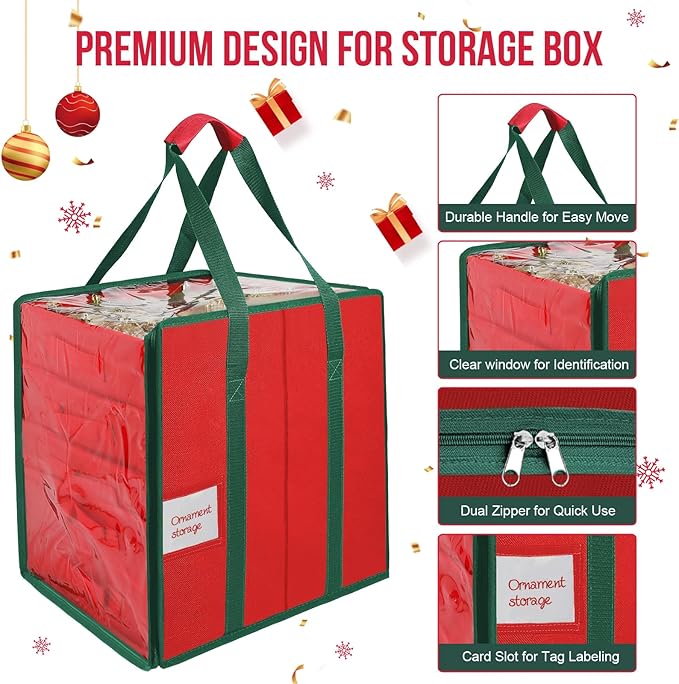 Christmas Ornament Storage Box, Stores Up to 100 Count 3 Inch Ornaments, 5 Individual Trays, Adjustable Dividers, 600D Oxford Fabric, Large Organizer Bin to Protect and Store Holiday Décor