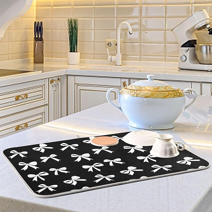 Black Bow Dish Drying Mat for Kitchen Countertop 16x18 Bowknot Coquette Rectangle Small Drying Mat Reusable Quick Dry Dish Sink Absorbent Mats Dishwasher Easy Clean Decorative Home Decor Essentials