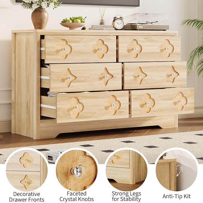 Garvee Dresser for Bedroom with 6 Drawers, 47.2'' Wide Chest of Large Decorative Drawer Front with Large Clothes Storage Cabinet, Wood Bedroom Dresser, TV Stand for Nursery, Living Room, Hallway, Oak