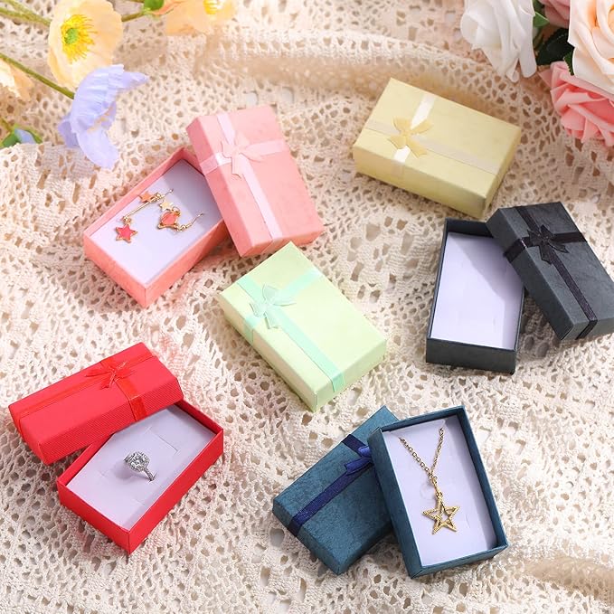 Batiyeer Jewelry Gift Boxes Set Empty Small Gift Cardboard Boxes for Jewelry Packaging with Ribbon Bowknot for Anniversaries Weddings Birthday, 8 Colors(96 Pcs)