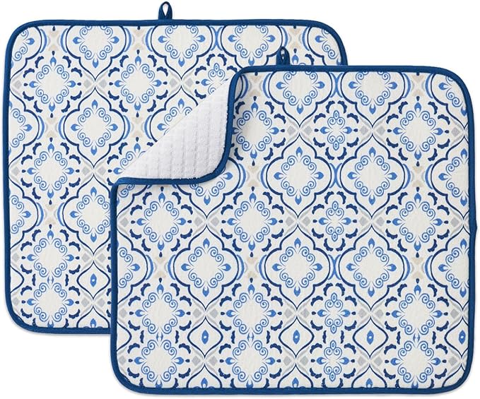 FRESHMINT Printed Dish Drying Mats for Kitchen Counter 2 Pack Absorbent Reversible Drying Mats Microfiber Kitchen Countertop Protector Dishes Drying Pad Extra Large 18"x16" Dish Mat
