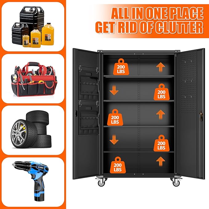 Aobabo Extra Large Cabinet with Wheels, Metal Storage Cabinet with Pegboards, 2 Handles Locking Doors and Adjustable Shelves, for Garage Office, Black, 43.3''W x 21.6''D x 72''H, Assembly Required