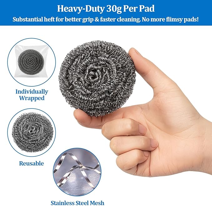 Steel Wool Scrubber Heavy-Duty Stainless Steel Scrubber Pads for Pots, Pans, Grills, and Stovetops 1.06oz, Ideal for Home and Commercial Use (6-Pack)
