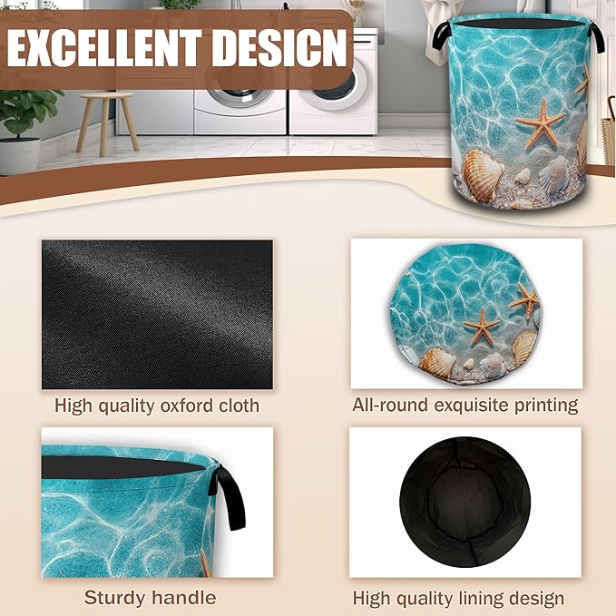 Laundry Hamper,Starfish and Seashell on Beach Collapsible Laundry Baskets Waterproof Oxford Cloth With Handles,Clothes Storage Bucket Toy Organizer For Bathroom/Nursery/Bedroom 16" x 20.8"