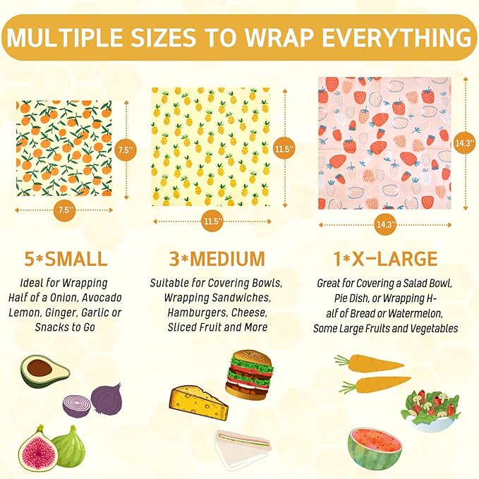 Reusable Beeswax Wrap - 9 Pack Beeswax Wraps for Food, Eco-Friendly Beeswax Food Wraps, Bread Sandwich Food Wrap - Organic, Sustainable, Zero Waste, Plastic-Free Food Storage, 1XL, 3M, 5S