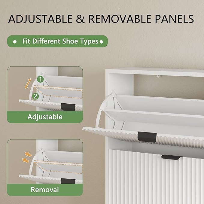 Shoe Cabinet with 2 Flip Drawers, 37" Tall Narrow Fluted Shoe Storage Organizer for Entryway, Hidden Slim Wooden Shoe Rack Cabinet for Front Door Entrance, Hallway, Living Room, Solid White