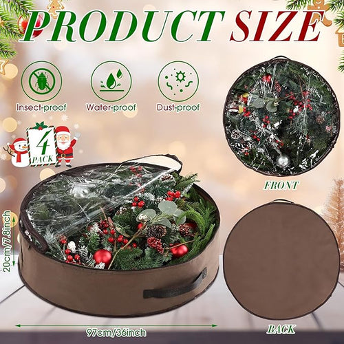 4 Pack Wreath Storage Container, 36 Inch Christmas Wreath Storage Box with Clear Window and Handles Upgrade Oxford Cloth Garland Bags with Dual Zipper for Xmas Wrapping, Brown