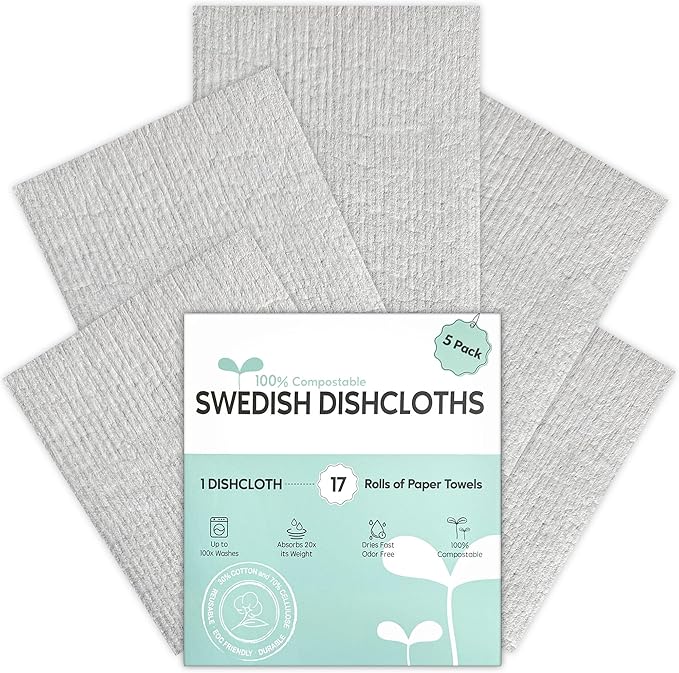 Auggee Swedish Dishcloths for Kitchen, 5 Pack Swedish Dish Cloths, Ultra Absorbent Reusable Paper Towels, Cellulose Sponge Cloths, Quick Drying, No Odor, Dishwasher Safe Grey