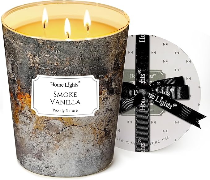 HomeLights Scented Candles | Large Jar 34 Oz Natural Soy Candle | 130 hrs Long-Lasting with 3 Wicks | Industrial Chic Home Decor | Gifts for Mom & Women, Smoke Vanilla