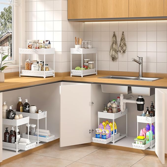 Sevenblue 3 Pack Under Sink Organizers, 2-Tier Multi-Use Kitchen and Bathroom Organizers and Storage with Sliding Drawers，Bathroom Cabinet Organizer (White, 14.8 Inch)