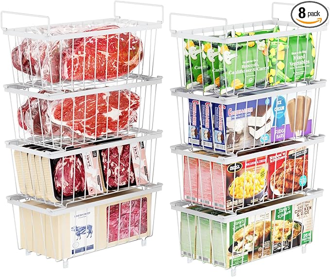 iSPECLE Deep Freezer Organizer Bins - Fits 7 Cu.Ft Chest Freezer, 8 Pack Stackable Wire Baskets(14.7" Length), Heavy Duty Coated Freezer Organizer, Rust Resistant for Frozen Food Sorting, White