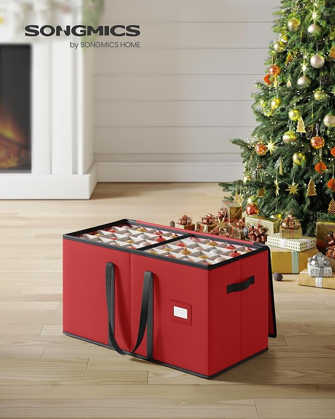 SONGMICS Christmas Ornament Storage Boxes, Set of 2, Dual Zippers, Stackable Christmas Storage Containers with Lid, 16 Trays, 600D Oxford, 3-Inch 256 Slots, Cherry Red URFB043R01