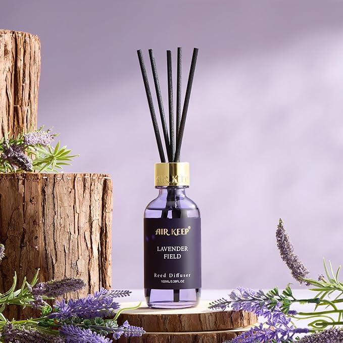 Airkeep Reed Diffuser Set, 3.38 fl oz (100 ml) - Lavender Field Oil Diffusers with 8 Reed Sticks, Home Fragrance Reed Diffuser for Bathroom Shelf Decor