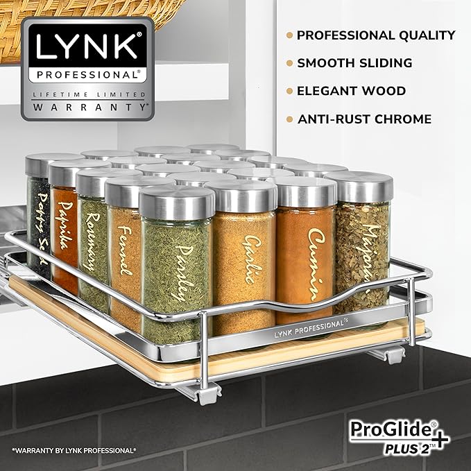 LYNK PROFESSIONAL® Élite™ Pull Out Spice Rack Organizer for Inside Kitchen Cabinets - 8-3/8 inch Wide - Slide Out Drawer – Wood/Chrome Sliding Spice Cabinet Organization Shelf Racks - 1 Tier
