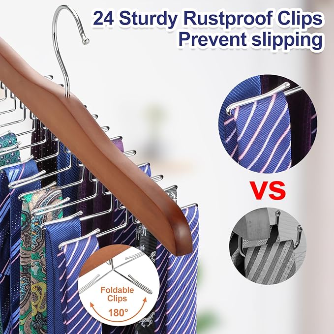 TOPIA HANGER Tie Rack Hanger for Closet, Wooden Tie Organizer for Men with 24 Folding Hooks, Space Saving Necktie Holder for Storage and Display Bra, Tank Top, Camisole (2-Pack), Walnut- CT14WA-2