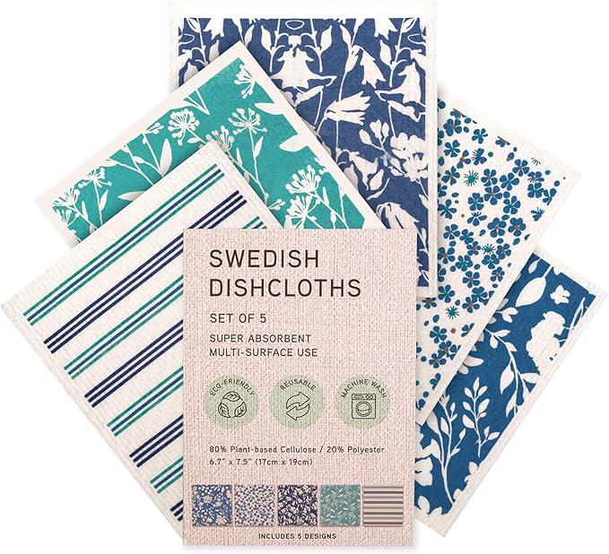 MosJos Swedish Dishcloths, Vintage Plant-Based Cellulose, 6.7x7.5 Inch, Super Absorbent, Multi-Surface, Machine Washable, Reusable, 5 Pack (Blue-Aqua)