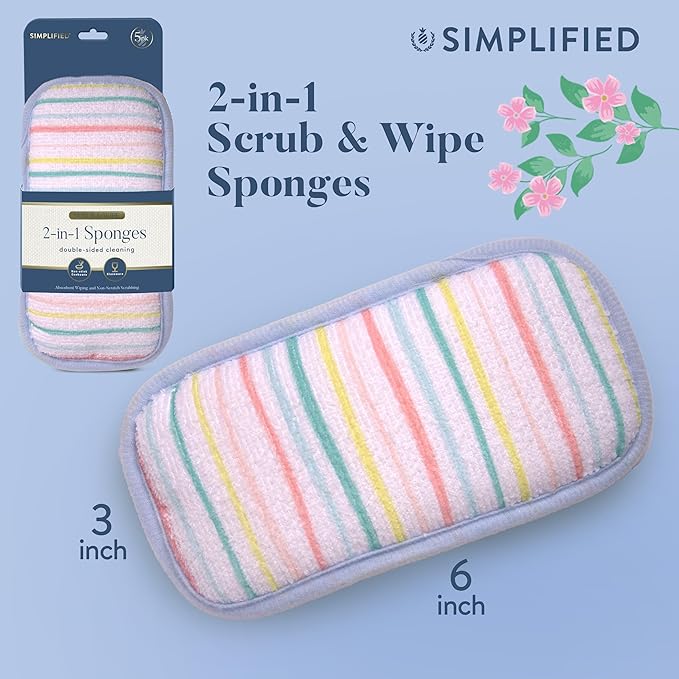 Simplified 5-Pack Scrub & Wipe 2-in-1 Dishwashing Sponges - Non-Abrasive Cleaning Sponges, Double-Sided - Safe for Dishes, Non-Stick Pans or Glassware, Absorbent Dish Sponges, Rainbow Stripe