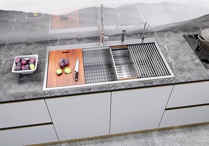 42” x 22” Workstation Topmount/Drop-in Stainless Steel Sink, 16-Gauge Bowl w/Integrated Ledge, 15mm Radius, Accessories Includes Bottom Grid, Dish Rack, Colander, Strainer & Cutting Board