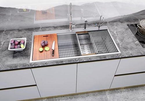 42” x 22” Workstation Topmount/Drop-in Stainless Steel Sink, 16-Gauge Bowl w/Integrated Ledge, 15mm Radius, Accessories Includes Bottom Grid, Dish Rack, Colander, Strainer & Cutting Board