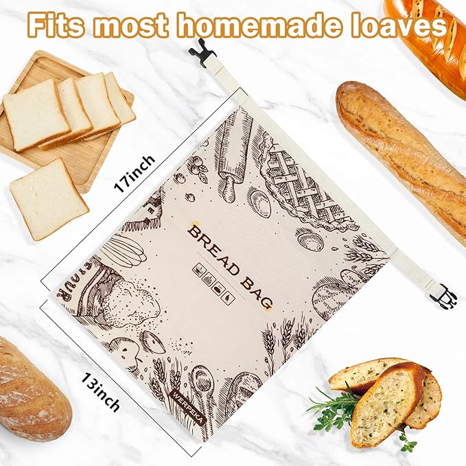 Beeswax Bread Bags for Homemade Bread, 2-Pack Reusable Sourdough Bread Storage Bags - 13x17 Inch Eco-Friendly Food Wrap, Linen Bread Bag Alternative, Beeswax Food Storage