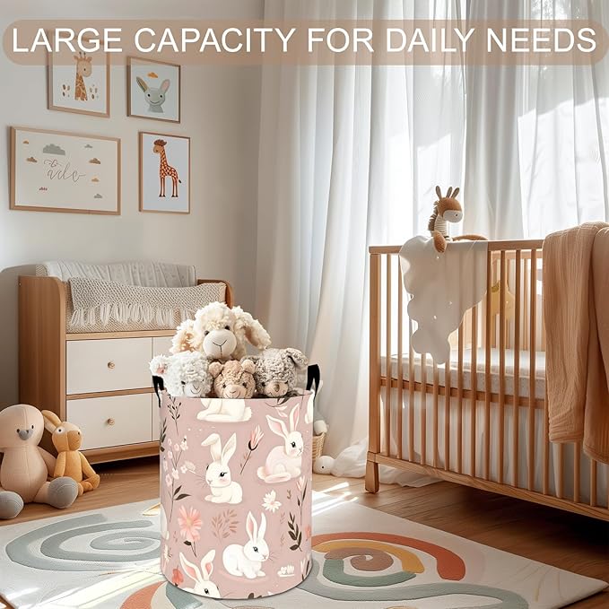 Cute Bunny Laundry Basket Hamper 19.7"x15.8", Pink Rabbit Foldable Waterproof Oxford Clothes Storage Bucket for Room Bathroom Bedroom Nursery Decor, Toy Organizer Bins Gifts for Kids Boys Girls