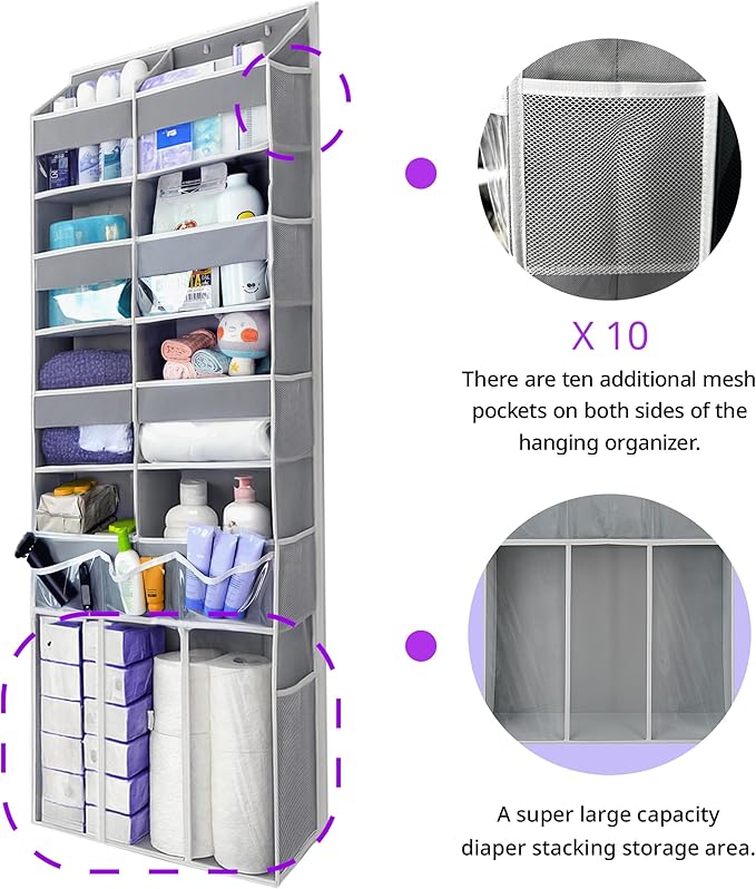 EZVERY Extra Large Over The Door Organizer with Clear Pockets - 8 Compartments & XL Bottom Storage, Heavy-Duty Hanging Organizer for Bathroom, Bedroom, Closet (57 Inch Height).