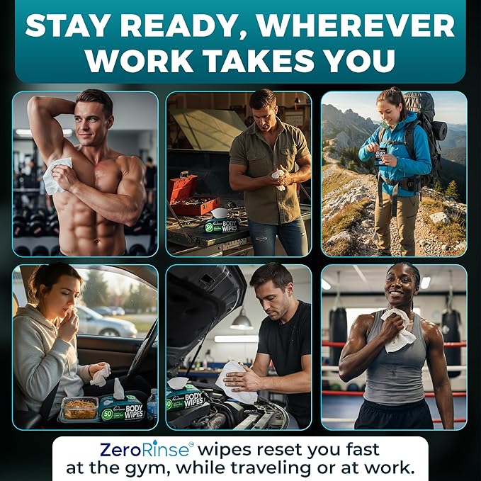 XL Body Wipes for Men - 50 No Rinse Shower Sheets + 4 Travel Bath Sachets - 10 x 11.5" After Gym Mens Deodorant Wipes - Adult Disposable Washcloths, Face Towels for Camping Essentials & Survival Gear