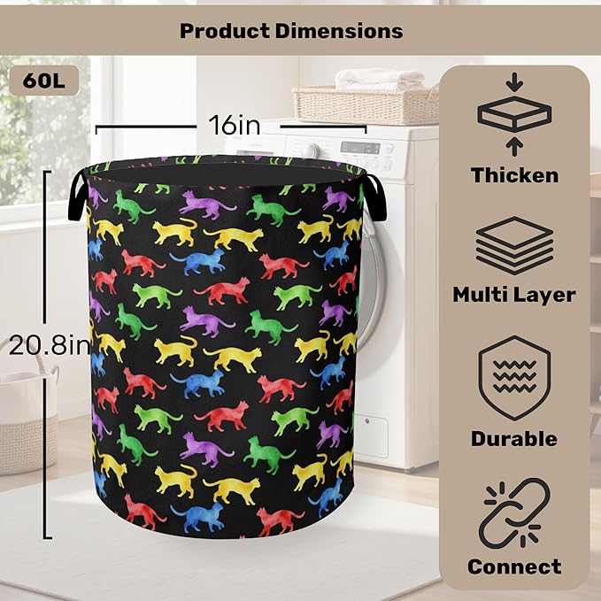 Colorful Cat Silhouette Laundry Basket with Handles - Extra Large Foldable Hamper for Bathroom/Laundry/Bedroom/Dorm, Washable Fabric Storage Bin
