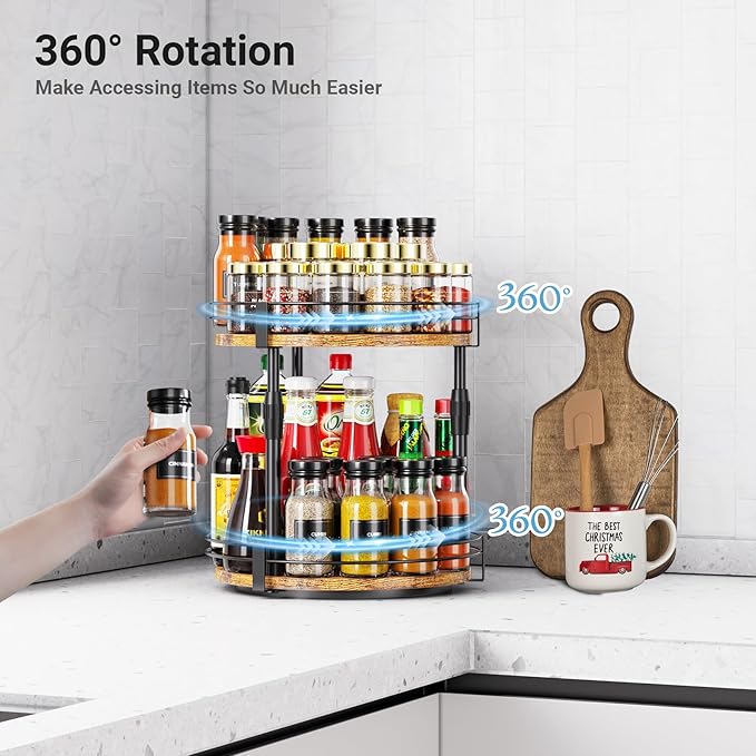 Across-Star Lazy-Susan-Organizer-Spice-Rack, 2-Tier Rotating Spice Organizer For Kitchen-Cabinet-Countertop-Pantry, Turntable Seasoning Holder Storage Shelf With Adjustable Height