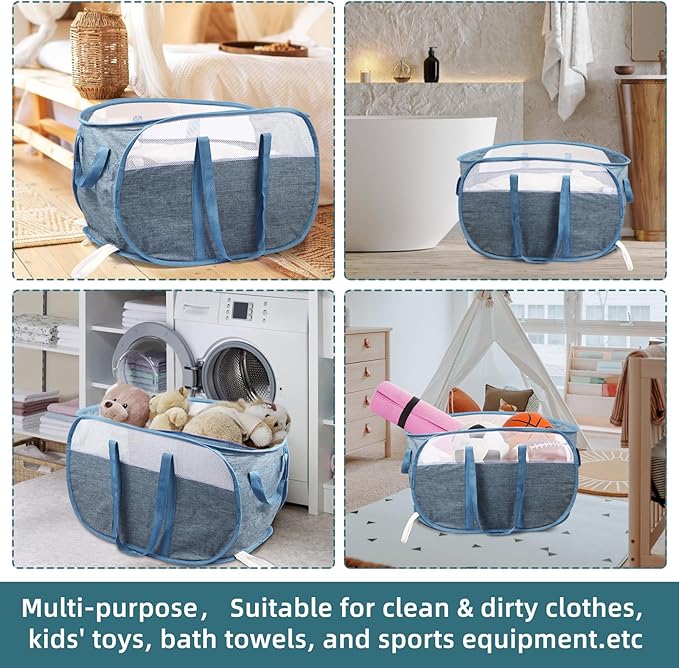 Collapsible Laundry Baskets, Tear Proof Pop Up Laundry Hamper with Dual Handles, Durable Foldable Laundry Basket, Easy to Carry Laundry Hamper for Home, Laundry Room, Bedroom, Dorm, Travel Blue