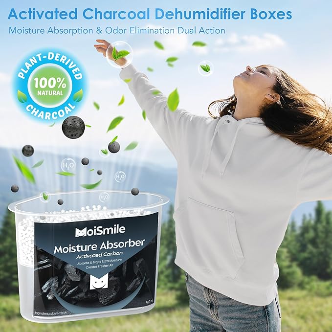 Moismile Moisture Absorbers 12 Packs, 10.8OZ Activated Charcoal Efficient Humidity Absorber ＆ Odor Absorber Boxes, Refillable Car Dehumidifier for Closet, Bathroom, Basement＆ RV