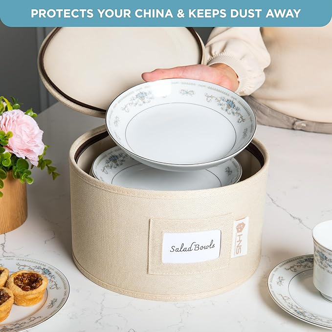 China Storage Hard Shell Containers 8-Piece Set Moving Boxes for Dinnerware, Glasses, Plates, Mugs and Saucers Sturdy Dish Organizer with Dividers for Seasonal Storage - Service for 12 - Beige