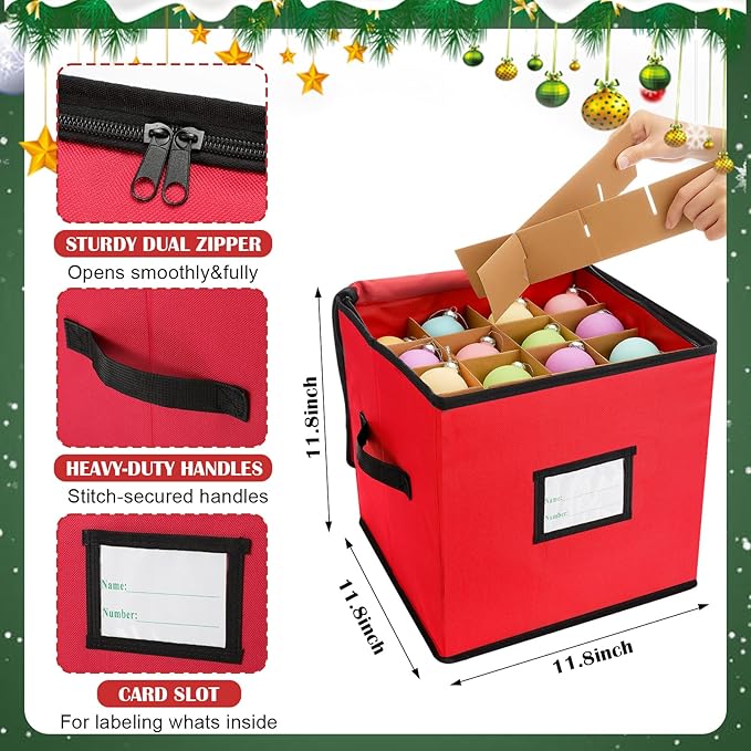 SATINIOR 6 Pcs Upright Christmas Tree Storage Bag Set 5 Ft Christmas Tree Storage Bag 26" Xmas Wreath Containers 11.8" Ornament Bags with Dividers Hold 64 Balls for Artificial Trees Garland(Red)