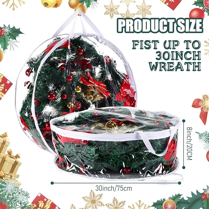 Shappy 2 Pieces Christmas Wreath Storage Container 30 Inch Wreath Plastic Storage Bags with Dual Zippers and Handles for Xmas Thanksgiving Holiday Artificial (Clear)